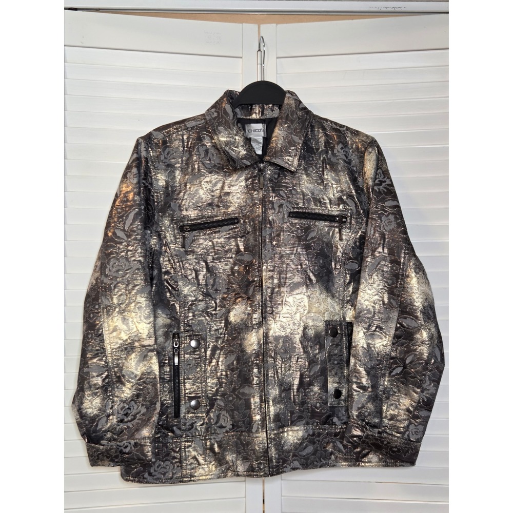 Chico's Metallic Essence Anders Jacket Size 2 Grey Gold Floral Brocade Zip Up